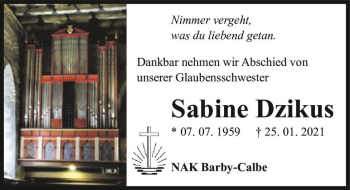 Traueranzeige von Sabine Dzikus  von Magdeburger Volksstimme