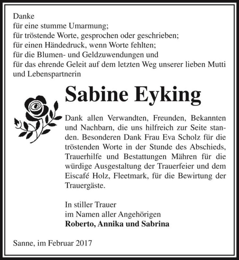  Traueranzeige für Sabine Eyking  vom 15.02.2017 aus Magdeburger Volksstimme