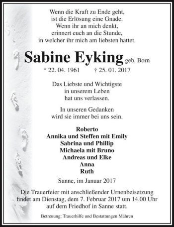 Traueranzeige von Sabine Eyking (geb. Born)  von Magdeburger Volksstimme