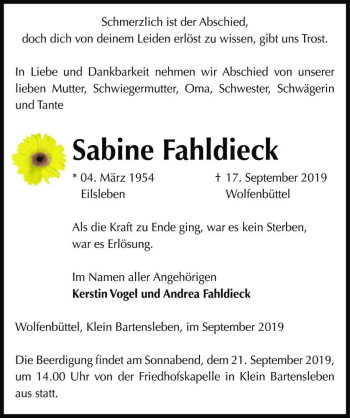 Traueranzeige von Sabine Fahldieck  von Magdeburger Volksstimme