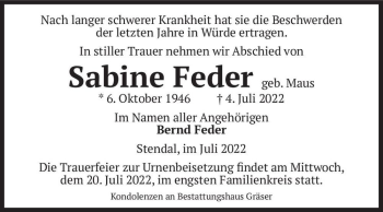 Traueranzeige von Sabine Feder (geb. Maus)  von Magdeburger Volksstimme