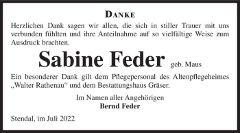 Traueranzeige von Sabine Feder (geb. Maus)  von Magdeburger Volksstimme