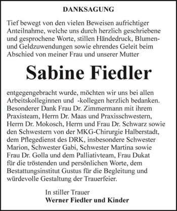 Traueranzeige von Sabine Fiedler  von Magdeburger Volksstimme