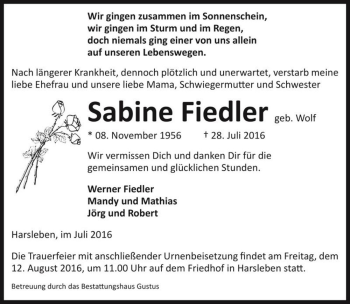 Traueranzeige von Sabine Fiedler (geb. Wolf)  von Magdeburger Volksstimme