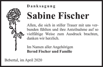 Traueranzeige von Sabine Fischer  von Magdeburger Volksstimme