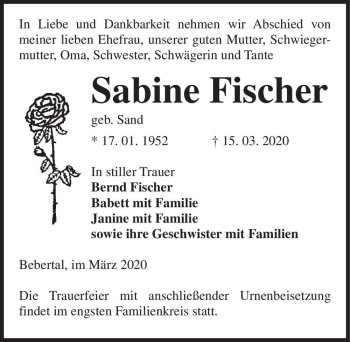 Traueranzeige von Sabine Fischer (geb. Sand)  von Magdeburger Volksstimme