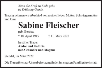 Traueranzeige von Sabine Fleischer (geb. Bertkau)  von Magdeburger Volksstimme
