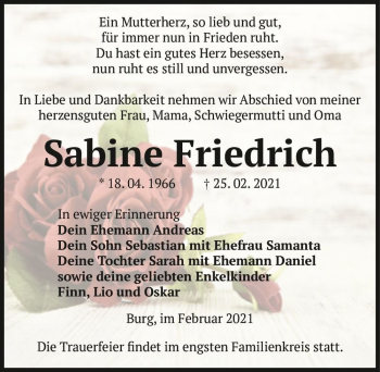 Traueranzeige von Sabine Friedrich  von Magdeburger Volksstimme