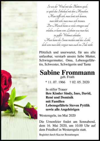 Traueranzeige von Sabine Frommann (geb. Fruth)  von Magdeburger Volksstimme