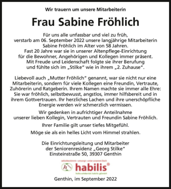 Traueranzeige von Sabine Fröhlich  von Magdeburger Volksstimme