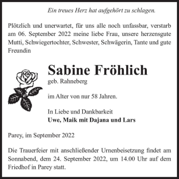 Traueranzeige von Sabine Fröhlich (geb. Rahneberg)  von Magdeburger Volksstimme