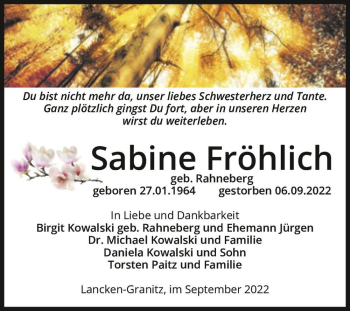 Traueranzeige von Sabine Fröhlich (geb. Rahneberg)  von Magdeburger Volksstimme