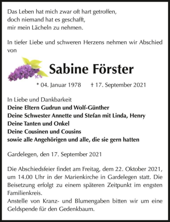 Traueranzeige von Sabine Förster  von Magdeburger Volksstimme
