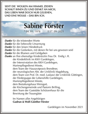 Traueranzeige von Sabine Förster  von Magdeburger Volksstimme
