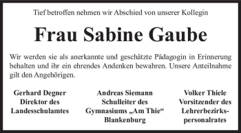Traueranzeige von Sabine Gaube  von Magdeburger Volksstimme