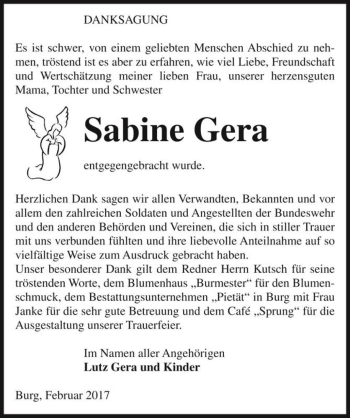 Traueranzeige von Sabine Gera  von Magdeburger Volksstimme
