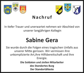 Traueranzeige von Sabine Gera  von Magdeburger Volksstimme