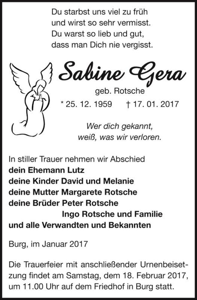  Traueranzeige für Sabine Gera (geb. Rotsche)  vom 28.01.2017 aus Magdeburger Volksstimme