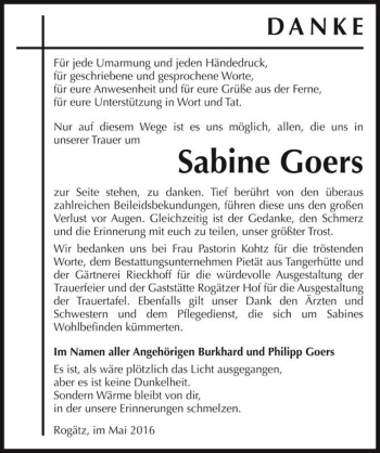 Traueranzeige von Sabine Goers  von Magdeburger Volksstimme