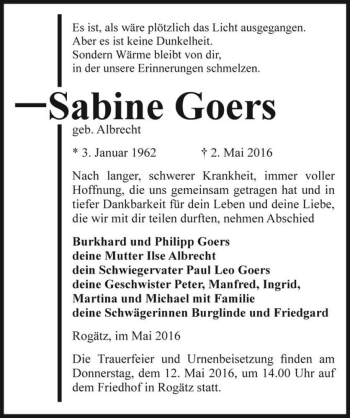 Traueranzeige von Sabine Goers (geb. Albrecht)  von Magdeburger Volksstimme