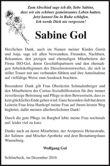 Traueranzeige von Sabine Gol  von Magdeburger Volksstimme