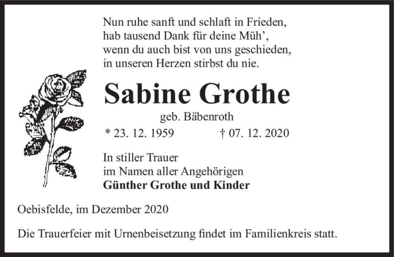  Traueranzeige für Sabine Grothe (geb. Bäbenroth)  vom 10.12.2020 aus Magdeburger Volksstimme