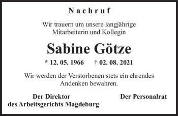 Traueranzeige von Sabine Götze  von Magdeburger Volksstimme