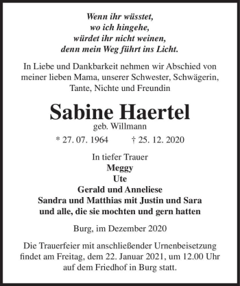 Traueranzeige von Sabine Haertel (geb. Willmann)  von Magdeburger Volksstimme