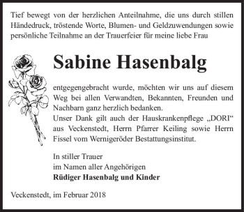 Traueranzeige von Sabine Hasenbalg  von Magdeburger Volksstimme