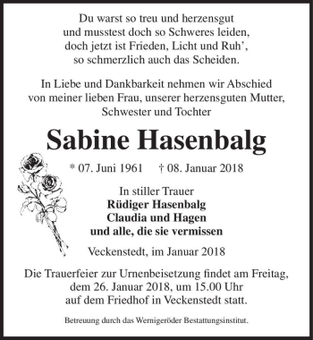 Traueranzeige von Sabine Hasenbalg  von Magdeburger Volksstimme