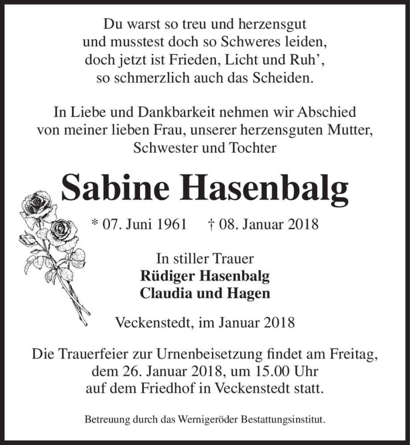  Traueranzeige für Sabine Hasenbalg  vom 12.01.2018 aus Magdeburger Volksstimme