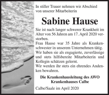 Traueranzeige von Sabine Hause  von Magdeburger Volksstimme