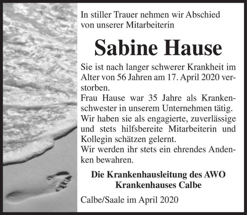  Traueranzeige für Sabine Hause  vom 05.05.2020 aus Magdeburger Volksstimme