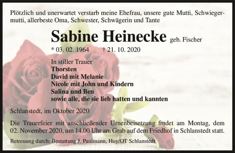  Traueranzeige für Sabine Heinecke (geb. Fischer)  vom 24.10.2020 aus Magdeburger Volksstimme