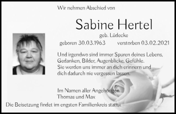 Traueranzeige von Sabine Hertel (geb. Lüdecke)  von Magdeburger Volksstimme