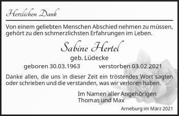 Traueranzeige von Sabine Hertel (geb. Lüdecke)  von Magdeburger Volksstimme