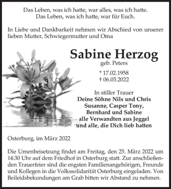 Traueranzeige von Sabine Herzog (geb. Peters)  von Magdeburger Volksstimme