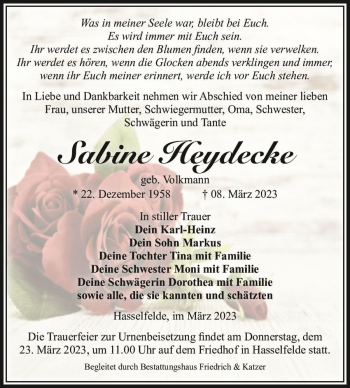 Traueranzeige von Sabine Heydecke (geb. Volkmann)  von Magdeburger Volksstimme