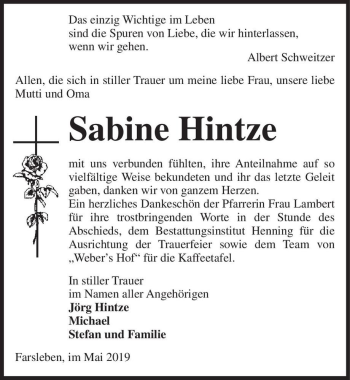 Traueranzeige von Sabine Hintze  von Magdeburger Volksstimme