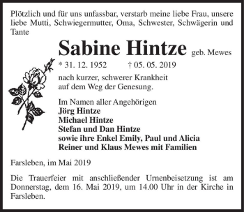 Traueranzeige von Sabine Hintze (geb. Mewes)  von Magdeburger Volksstimme