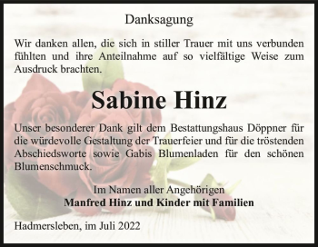 Traueranzeige von Sabine Hinz  von Magdeburger Volksstimme