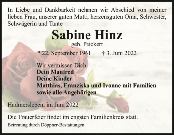 Traueranzeige von Sabine Hinz (geb. Peickert)  von Magdeburger Volksstimme