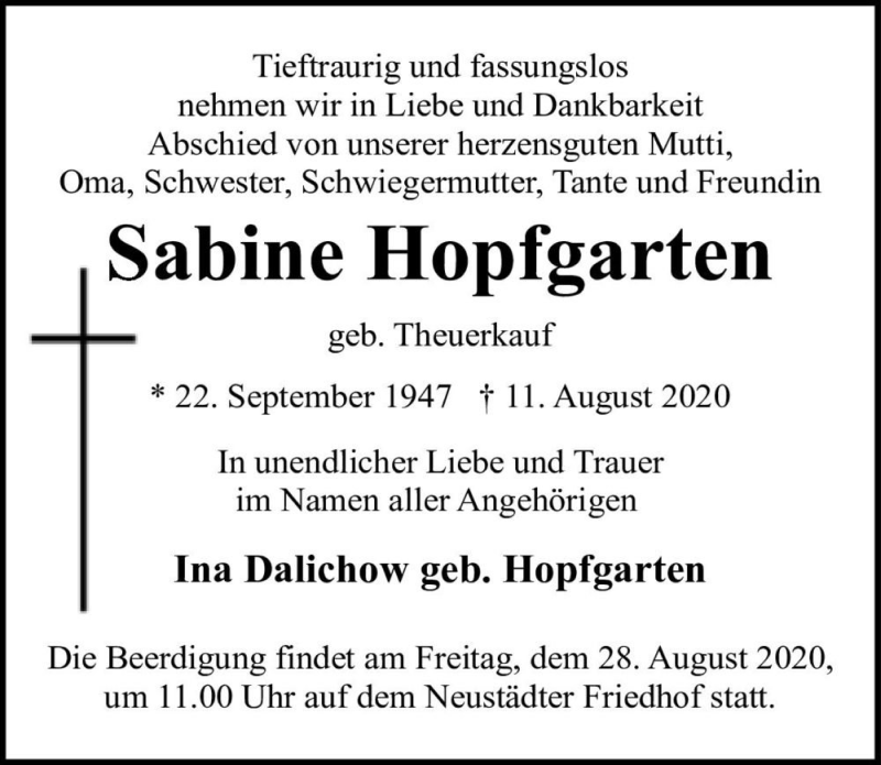  Traueranzeige für Sabine Hopfgarten (geb. Theuerkauf)  vom 22.08.2020 aus Magdeburger Volksstimme
