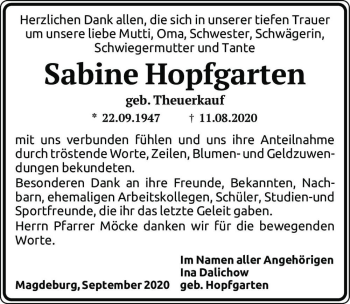Traueranzeige von Sabine Hopfgarten (geb. Theuerkauf)  von Magdeburger Volksstimme