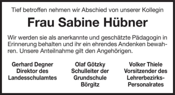 Traueranzeige von Sabine Hübner  von Magdeburger Volksstimme