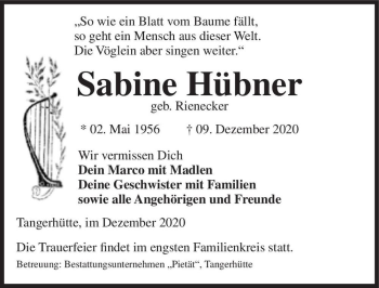 Traueranzeige von Sabine Hübner (geb. Rienecker)  von Magdeburger Volksstimme