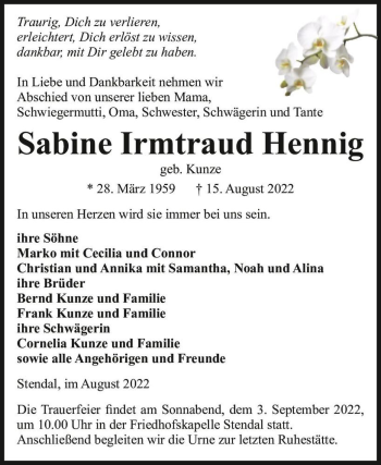 Traueranzeige von Sabine Irmtraud Hennig (geb. Kunze)  von Magdeburger Volksstimme