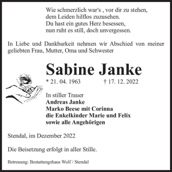 Traueranzeige von Sabine Janke  von Magdeburger Volksstimme