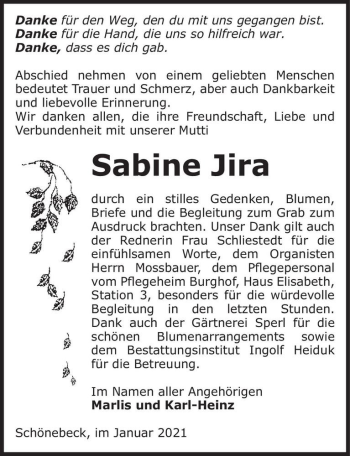 Traueranzeige von Sabine Jira  von Magdeburger Volksstimme
