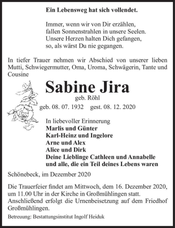 Traueranzeige von Sabine Jira (geb. Röhl)  von Magdeburger Volksstimme